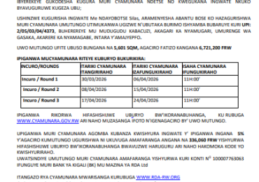 Itangazo rya cyamunara y’ubutaka burimo ishyamba buri mu kibanza gifite UPI 2/05/03/04/4373 giherereye Nyamagabe/Gasaka/Nyamugari/Kabacuzi Izaba: 30/03/2026-06/04/2026